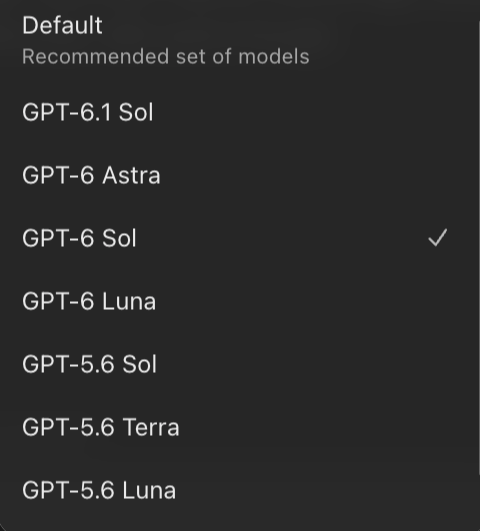فهرست انتخاب مدل در ChatGPT Work و Codex شامل GPT-6.1 Sol، GPT-6 Astra، GPT-6 Sol، GPT-6 Luna و سه مدل GPT-5.6