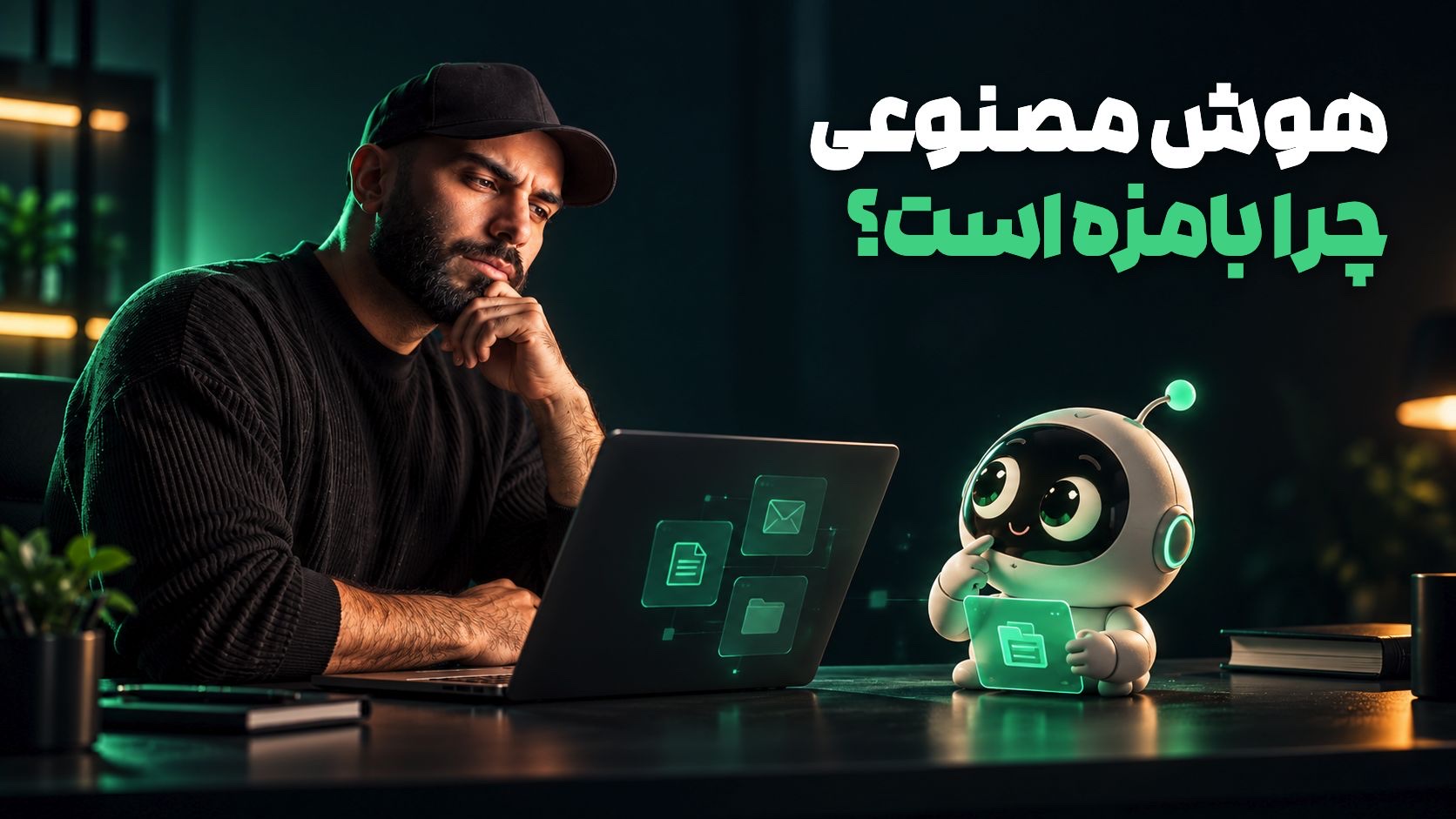 تصویرسازی محمد بی‌باک پشت لپ‌تاپ در حال نگاه‌کردن به ربات کوچک و بامزه، با تیتر «هوش مصنوعی چرا بامزه است؟»