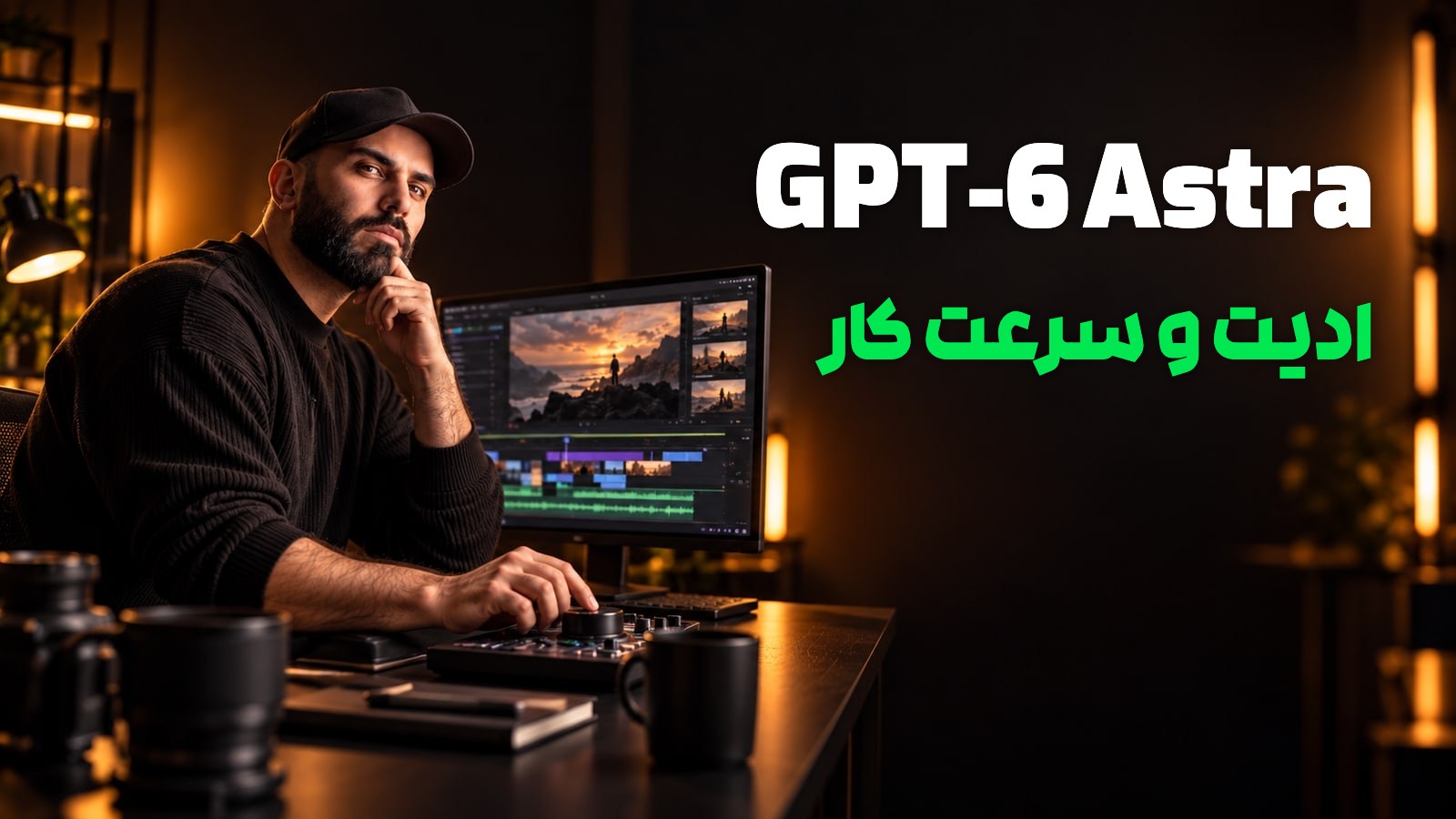 محمد بی‌باک کنار مانیتور تدوین و کنترلر ویدیو، با عنوان «GPT-6 Astra؛ ادیت و سرعت کار»