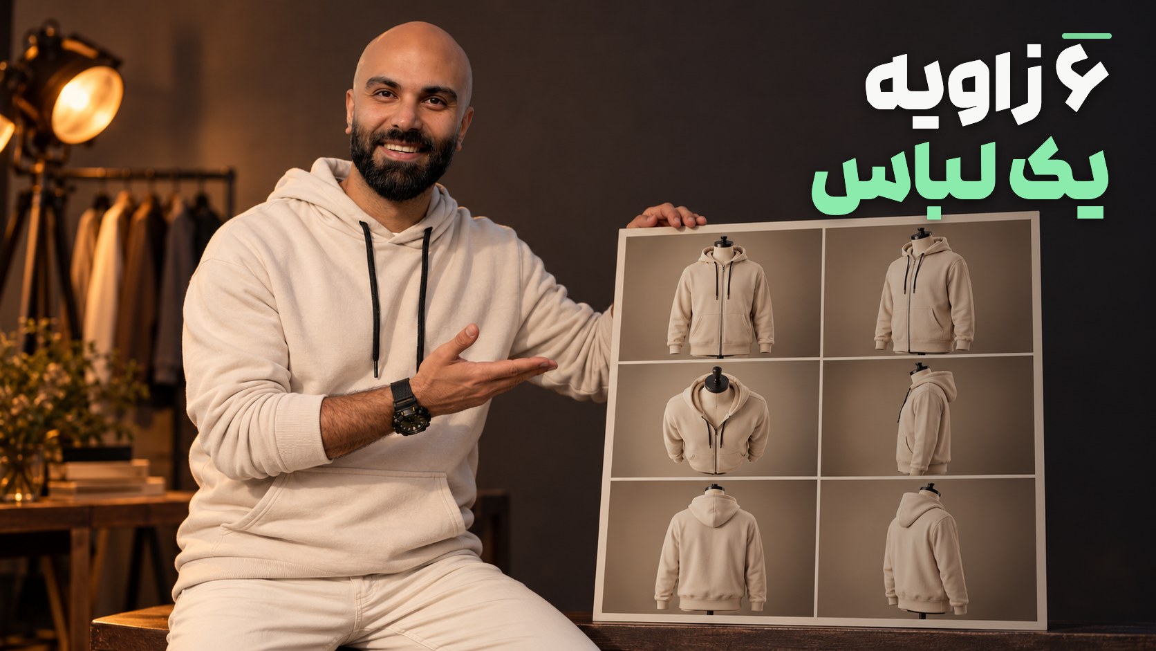 محمد بی‌باک با لباس روشن در استودیوی گرم، کنار تختهٔ شش نمای یک لباس