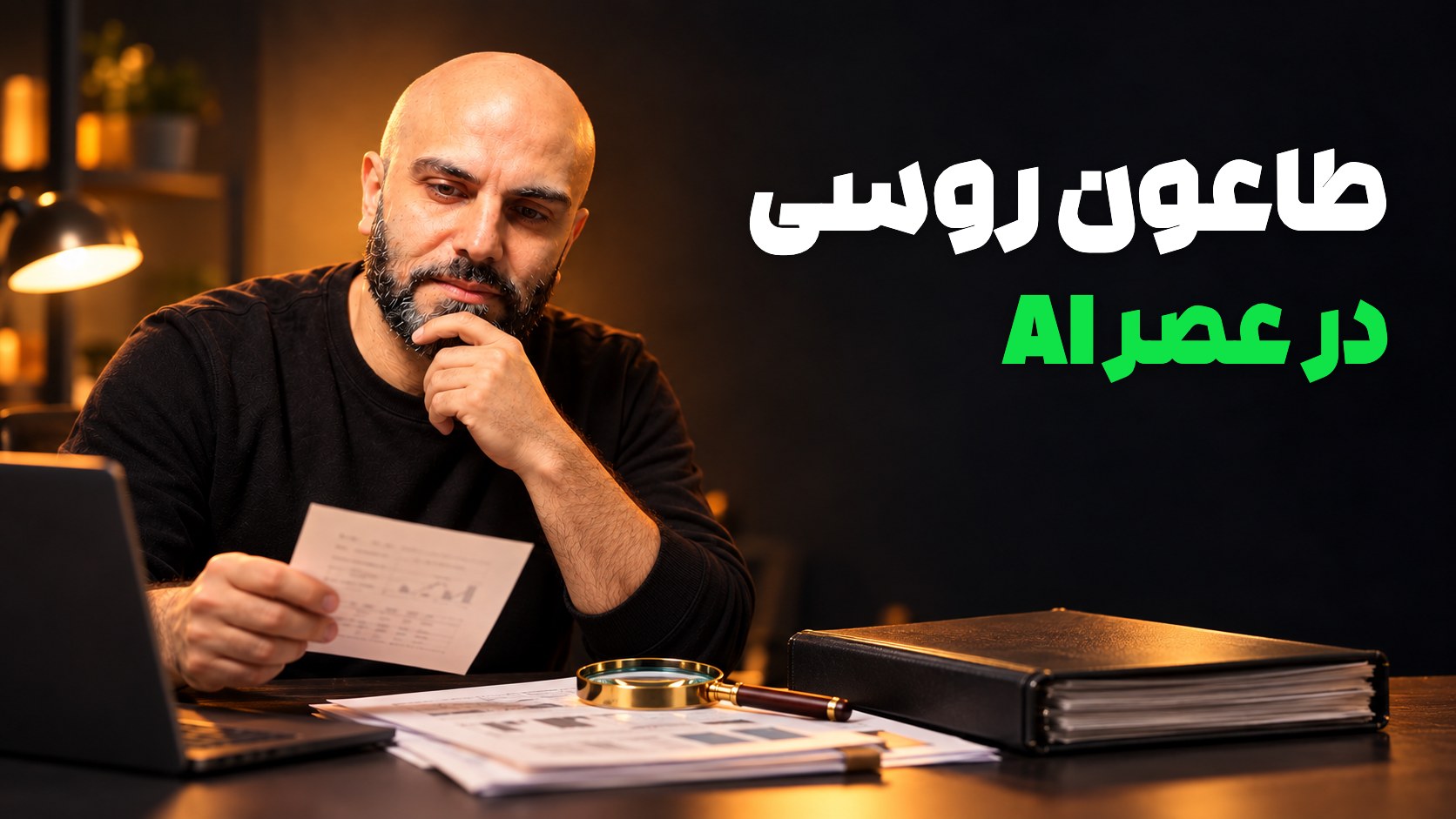 محمد بی‌باک در استودیویی تاریک و گرم، در حال بررسی برگهٔ پژوهشی کنار ذره‌بین و پوشه؛ تیتر «طاعون روسی در عصر AI» در سمت راست تصویر